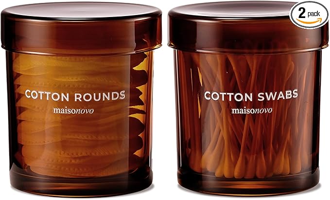 MaisoNovo Qtip Holder Bathroom Set – Airtight Glass Qtip Holder with Lid to Store Q Tips, Cotton Rounds, Cotton Balls, Floss Picks, Hair Ties with free labels pack - 2 Amber Jars with Glass Lids