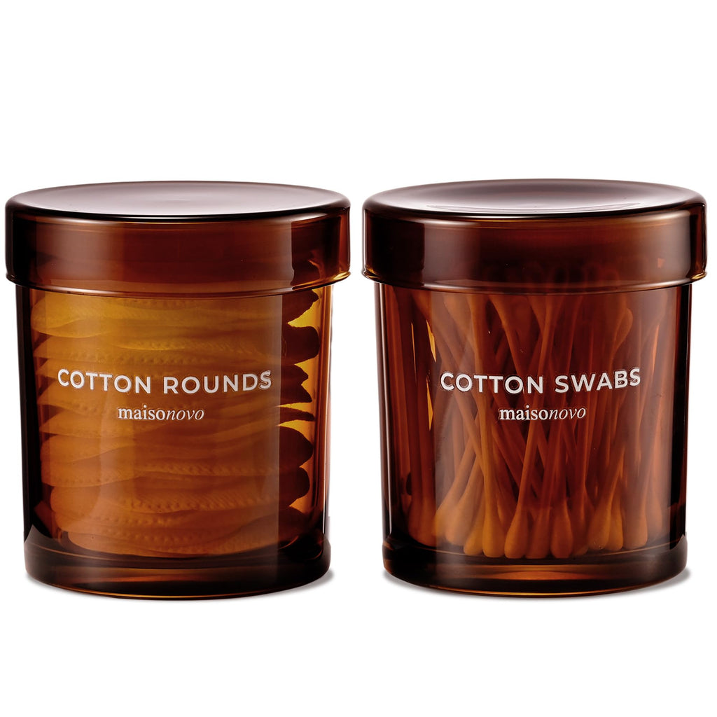 MaisoNovo Glass Bathroom Containers with Lids (Airtight) - Qtip Holder - Apothecary Jars for Cotton Rounds, Swabs, Balls, Pads - Amber Q Tip Dispenser - 2 pcs Bathroom Canisters Set for Organization