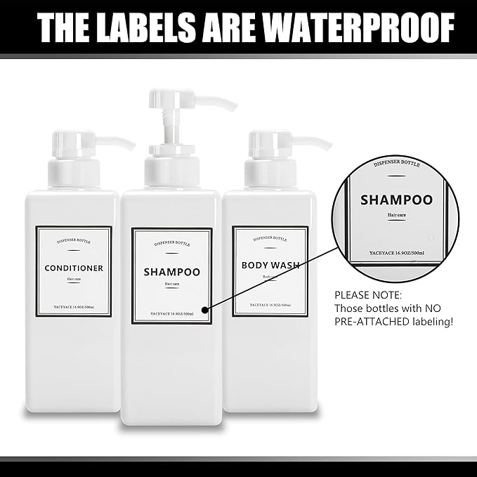 YACEYACE 16.9oz Set of 3 White Shower Dispensers with Labels, Refillable for Shampoo, Conditioner, Body Wash