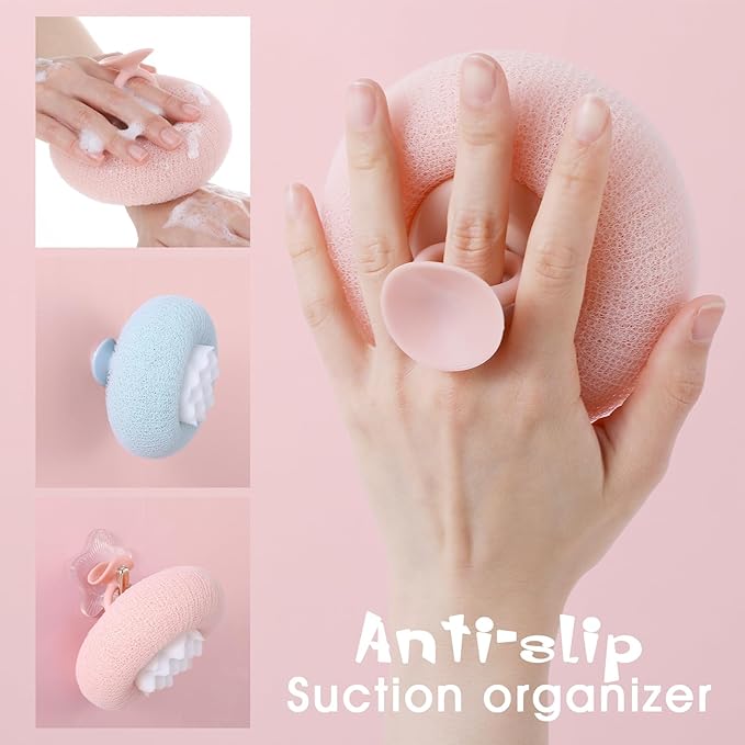 Ptwola 2 Pcs Soft Sunflower Suction Cup Bath Exfoliating Sponge Ball Bath Body Brush Mesh Bath Sponge Cleaning Scrubber Bath Sponge Brush with Comfortable Non-Slip Handle