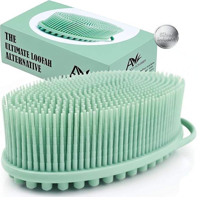 Avilana Silicone Body Scrubber for Shower – SGS Certified Food Grade Dual Sided Bath Brush, Gentle Exfoliating Silicone Loofah Alternative, Sensitive Skin Body Brush (Green-Silver, Massage)
