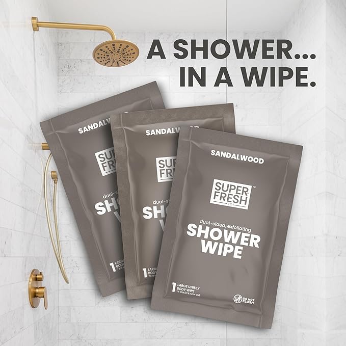 Super Fresh Shower Body Wipes, Travel Essentials for Camping, Large Sandalwood Wipes for Adults, Women, Men, Kids Personal Hygiene Cloth Enriched with Aloe and Vitamin E, Individually Wrapped 10 Pack
