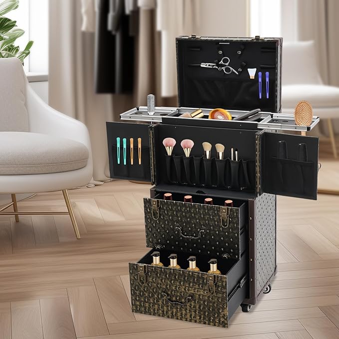 QUEWATSA Rolling Makeup Case Large Storage Cosmetic Trolley, Rolling Lockable Makeup Train Case, Stylist Beauty Salon Cosmetic Luggage Travel Organizer Tool Box with Hair Dryer Holder (Brown+Bronze)