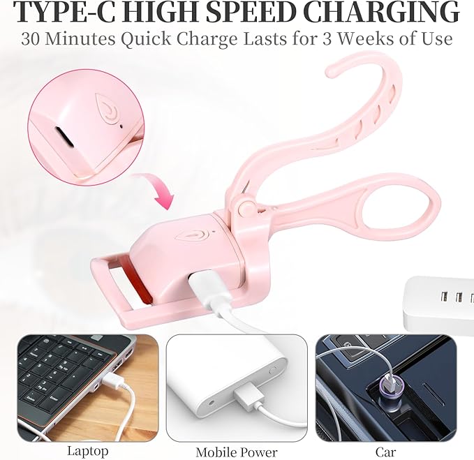 Heated Eyelash Curler, Rechargeable Electric Eyelash Curlers Fast Heat Up in 5s for 24 Hours Long Lasting, C-Shaped Safe Anti-Burn Quick Natural Eyelash Separator Tool Lash Comb (Pink)