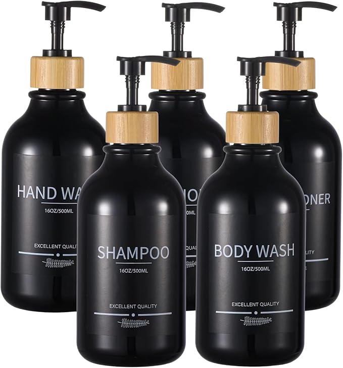 Mithrgrous Shampoo and Conditioner Dispenser Bottles,5Pack Dispenser Bottles Refillable,16.9oz Shower Containers for Conditioner,(Black) Bathroom Shampoo Dispenser Set