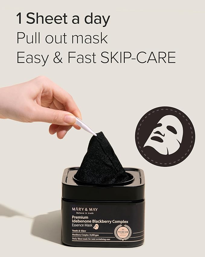 Mary&May Idebenone Blackberry Essence Mask, Bamboo Charcoal, 20 Sheets