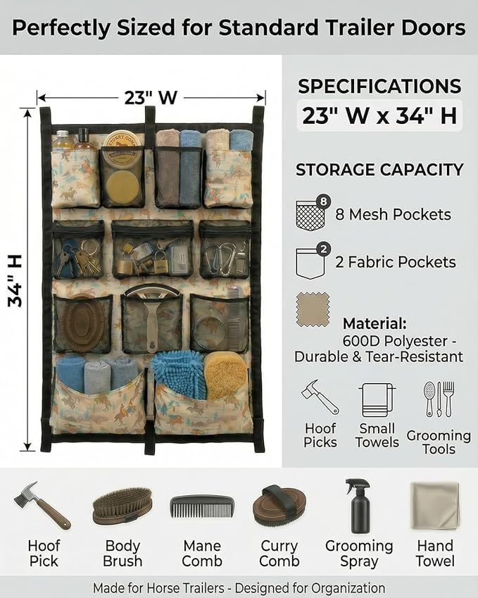 Horse Trailer Organizer & Grooming Bag - Large Hanging Door Caddy with Deep Mesh Pockets for Spray Bottles & Brushes - Heavy Duty 900D Polyester Tack Room Storage for Barn & Stall, 23" x 34"