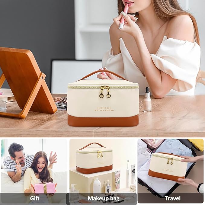 JINSI Small Makeup Bag Travel Cosmetic Bag Toiletry Zipper Pouch Make Up Organizer Bag with Handle Purse for Women Soft PU Leather Skincare Case (L01-Beige)