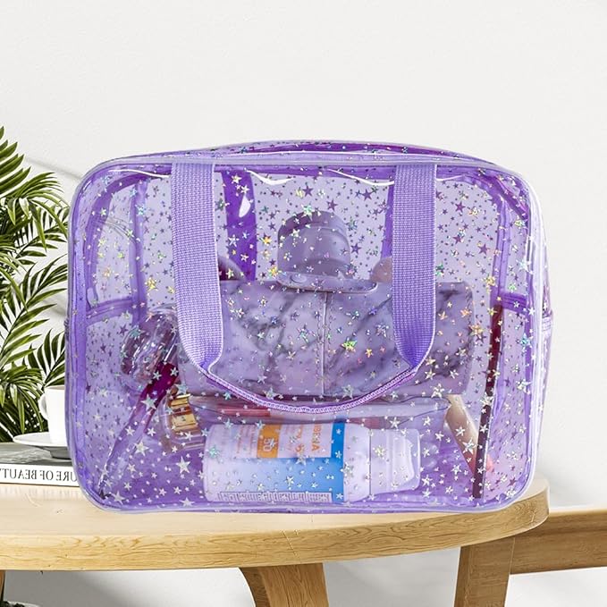 TotePrint 12”X5“X8” Portable 8L Purple Clear Makeup Bag Twinkle Star Toiletry Bag Waterproof Cosmetic Bag With Zipper & Handle for Concert Sports Events Travel Commuting Beach Essential