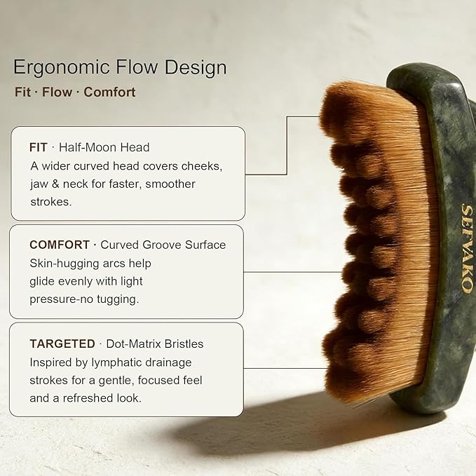 SEFVAKO Lymphatic Contour Face Brush, Dual-Ended Dry Brush + Cool-Touch Jade Gua Sha Edge, 0.075mm Ultra-Soft Bristles Gua Sha Facial Tools, for Lymphatic Drainage, Less Puffy Look, Sculpt & Relax