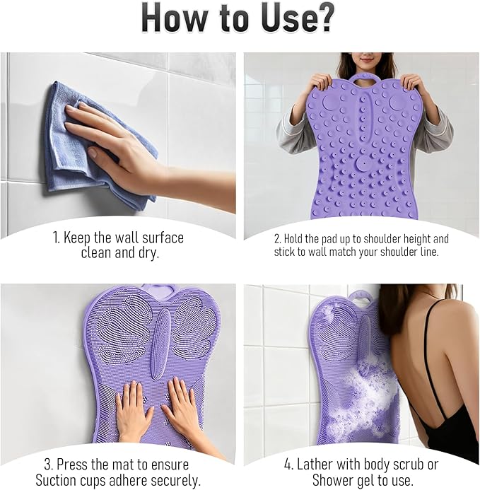 Vynusio Back Scrubber Body Bath Cushion for Tub Bathtub with Back Lumbar Ergonomic Support, Silicone Extra Large Thick Soft Seat Pad Non-Slip Suction Cups, Relaxing Spa Exfloating Scrubber Mat Purple