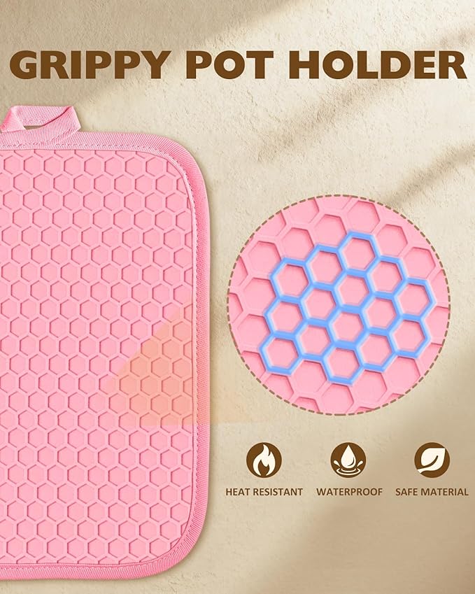 Slohif Silcone Heart Pot Holders for Kitchen - 100% Cotton Pink Cute Oven Potholders with Pockets, Heat Resistant Square Thick Hot Pads, House New Home Baking Baker Gifts,2pack