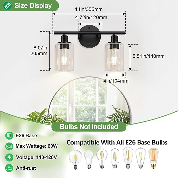 Zarbitta 2-Light Bathroom Light Fixtures, Black Modern Vanity Lights with Clear Glass Shade, Bathroom Wall Lamp for Mirror Kitchen Living Room Hallway Cabinet Porch