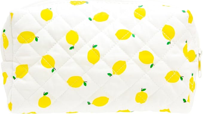 PAZIMIIK Small Quilted Makeup Bag,Zipper Cosmetic Pouch,Lemon White