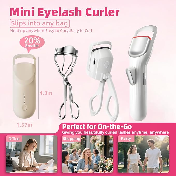 Heated Eyelash Curler, 10s Fast Heating Portable Electric Lash Curler, Type-C Rechargeable Travel Eye Lash Curlers with Anti-Scalding Silicone Pad, 2 Temp Modes & 24H Long Lasting Curves(Beige)