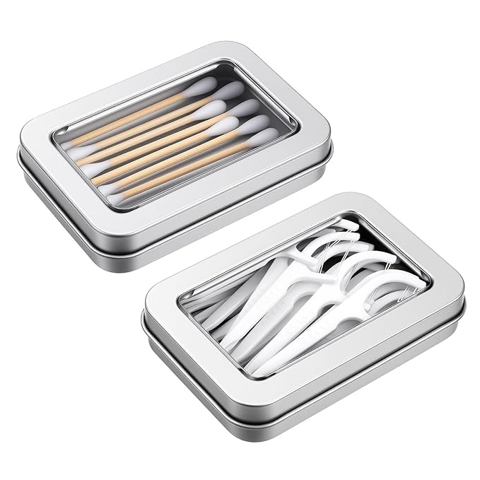 Shimmeroo 2PCS Metal Cotton Swab Holder, Portable Small Floss Pick Holder, Reusable Empty Metal Cotton Ball Case with Dust Lid for Travel Swabs Hair Ties Floss