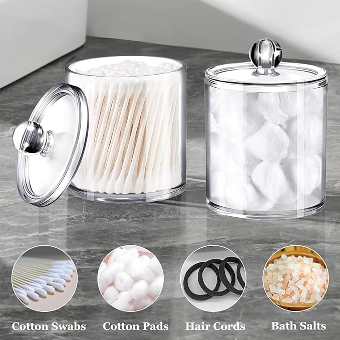 SheeChung Qtip Holder, Acrylic Cotton Round Holder with Chalkboard Labels - Shatterproof Apothecary Jars for Bathroom - Vanity Storage Canisters for Cotton Swabs,Balls,Floss Picks（4-Pack Clear）