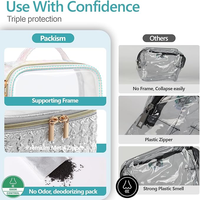 PACKISM 2 Pack Clear Makeup Bag Set (1 Large 1 Medium) - Foldable TSA Approved Toiletry Bag for Carry-on & Checked Luggage, Water Resistant Car Storage Organizer, Silver