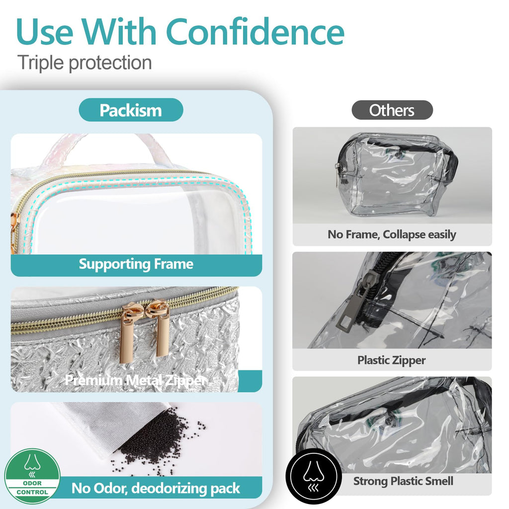PACKISM 2 Pack Clear Makeup Bag Set (1 Large 1 Medium) - Foldable TSA Approved Toiletry Bag for Carry-on & Checked Luggage, Water Resistant Car Storage Organizer, Silver
