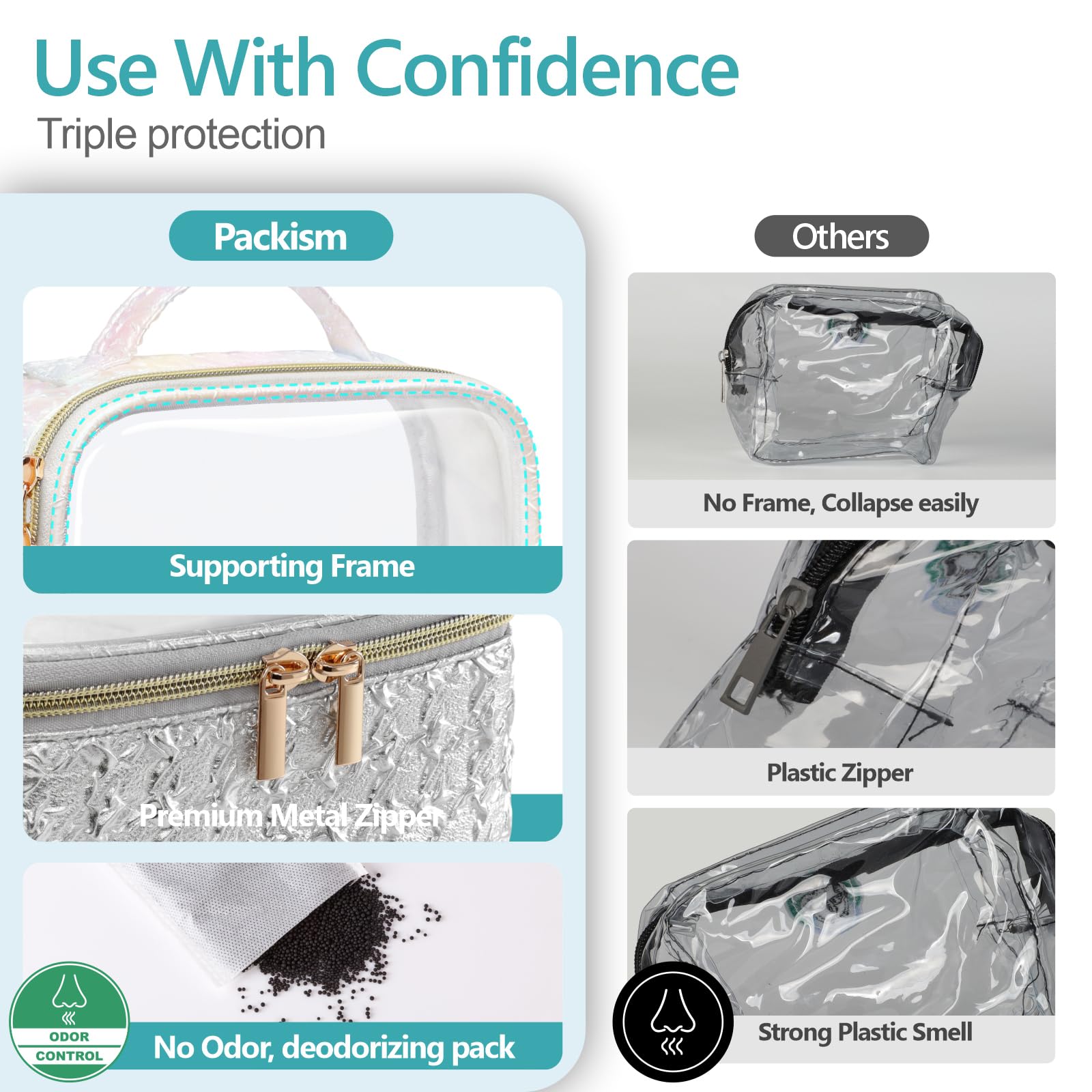 PACKISM 2 Pack Clear Makeup Bag Set (1 Large 1 Medium) - Foldable TSA Approved Toiletry Bag for Carry-on & Checked Luggage, Water Resistant Car Storage Organizer, Silver
