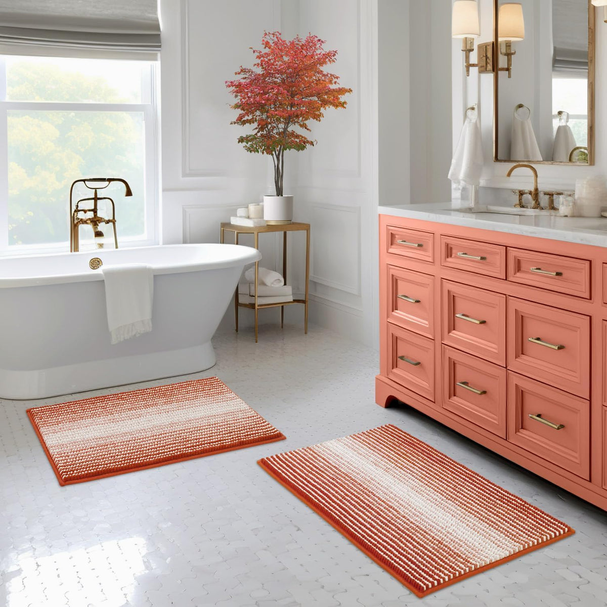 BSICPRO Fall Bathroom Rugs Sets 2 Piece, Non Slip Bath Mats, Sunset Orange