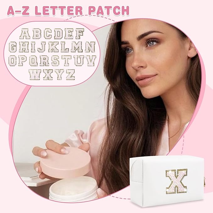 Small Initial Patch Makeup Bag Personalized Gifts Make Up Bag,White Cute PU Leather Glitter Letter Cosmetic Bag with Zipper,Trendy Portable Travel Toiletry Pouch,Preppy Stuff for Teen Girls Women X