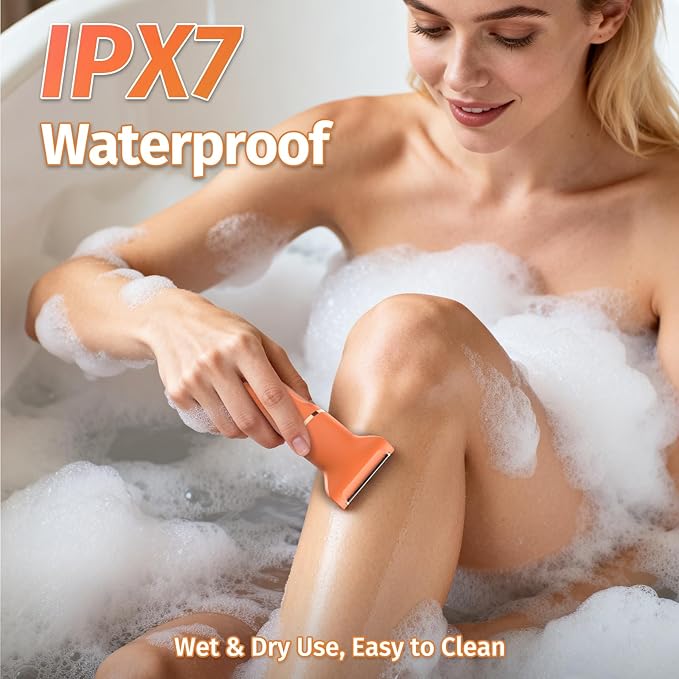 Bikini Trimmer for Women,5-in-1 Electric Razors for Women,Electric Shaver for Women's,IPX7 Waterproof Trimmer for Men Legs,with 5 Replaceable Blade Heads,USB Recharge Dock（Orange