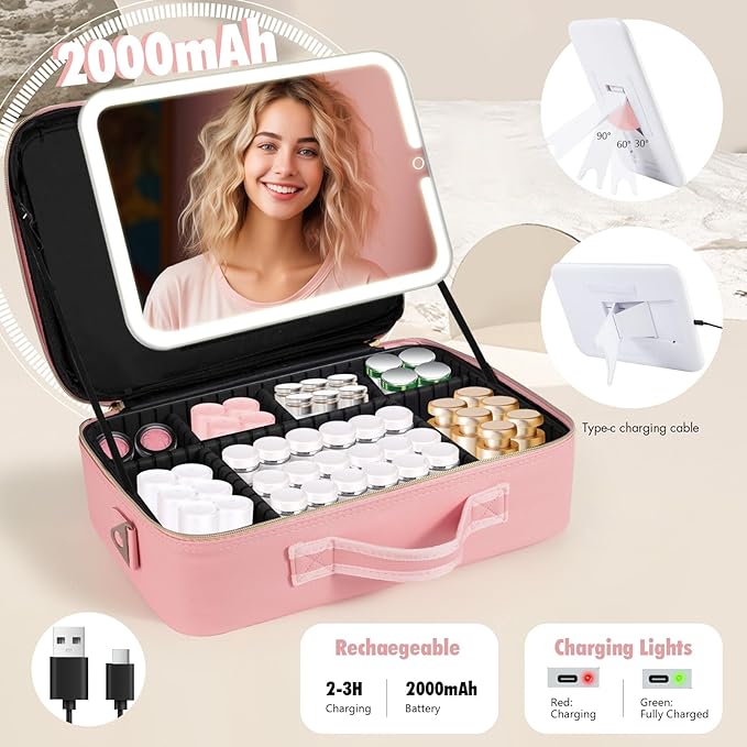 15''X11'' Large Makeup Bag with Removable Lighted Mirror, PU Leather