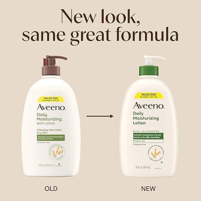 Aveeno Daily Moisturizing Body Lotion with Soothing Prebiotic Oat, Gentle Lotion for Women & Men Nourishes Dry Skin, Paraben-, Dye-, & Fragrance-Free, Non-Greasy, Non-Comedogenic, Value Size 33 Fl Oz