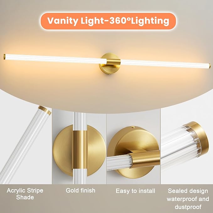 Glod Wall Sconces Set of 2 Hardwired, Dimmable 5CCT LED Bathroom Light Fixtures Over Mirror, 360° Full Lighting 47" Long Vanity Light Bar Modern Wall Sconce for Bathroom Bedroom Living Room