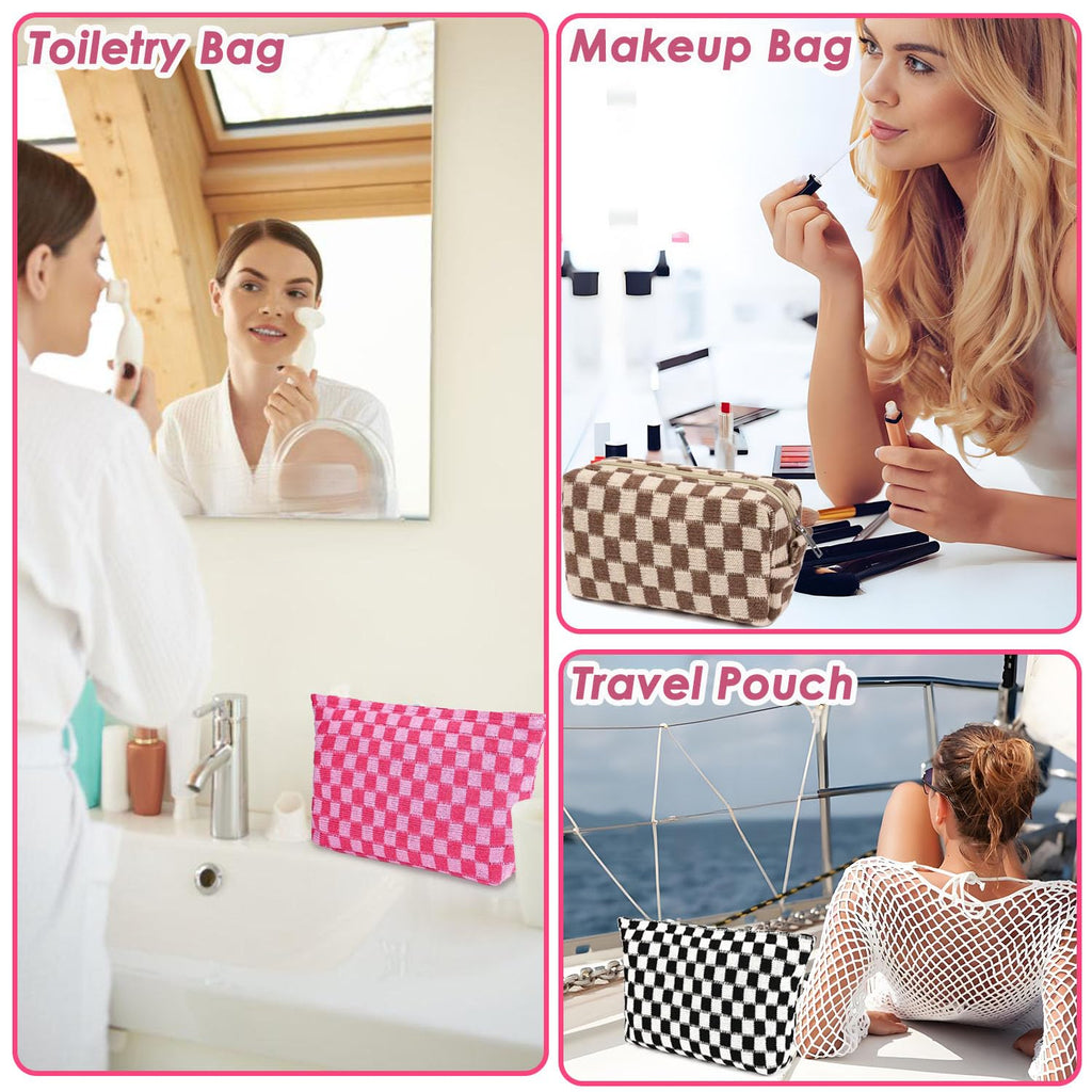 Travel Makeup Bag, Checkered Cosmetic Bag Make Up Organizer Case for Women, Small Toiletry Bag Skincare Pouch for Toiletries Accessories Brushes, 2PCS