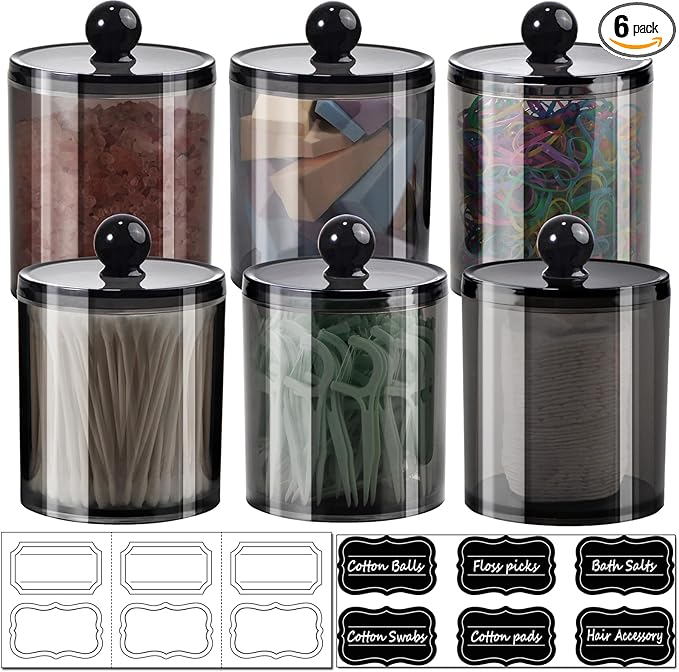 SheeChung 6 Pack Qtip Holder,Black Qtip Dispenser Apothecary Jars with Lids for Cotton Swabs,Balls,Pads,12oz & 10oz Acrylic Bathroom Organizer Set - Shatterproof Minimalist Clear Storage Canisters