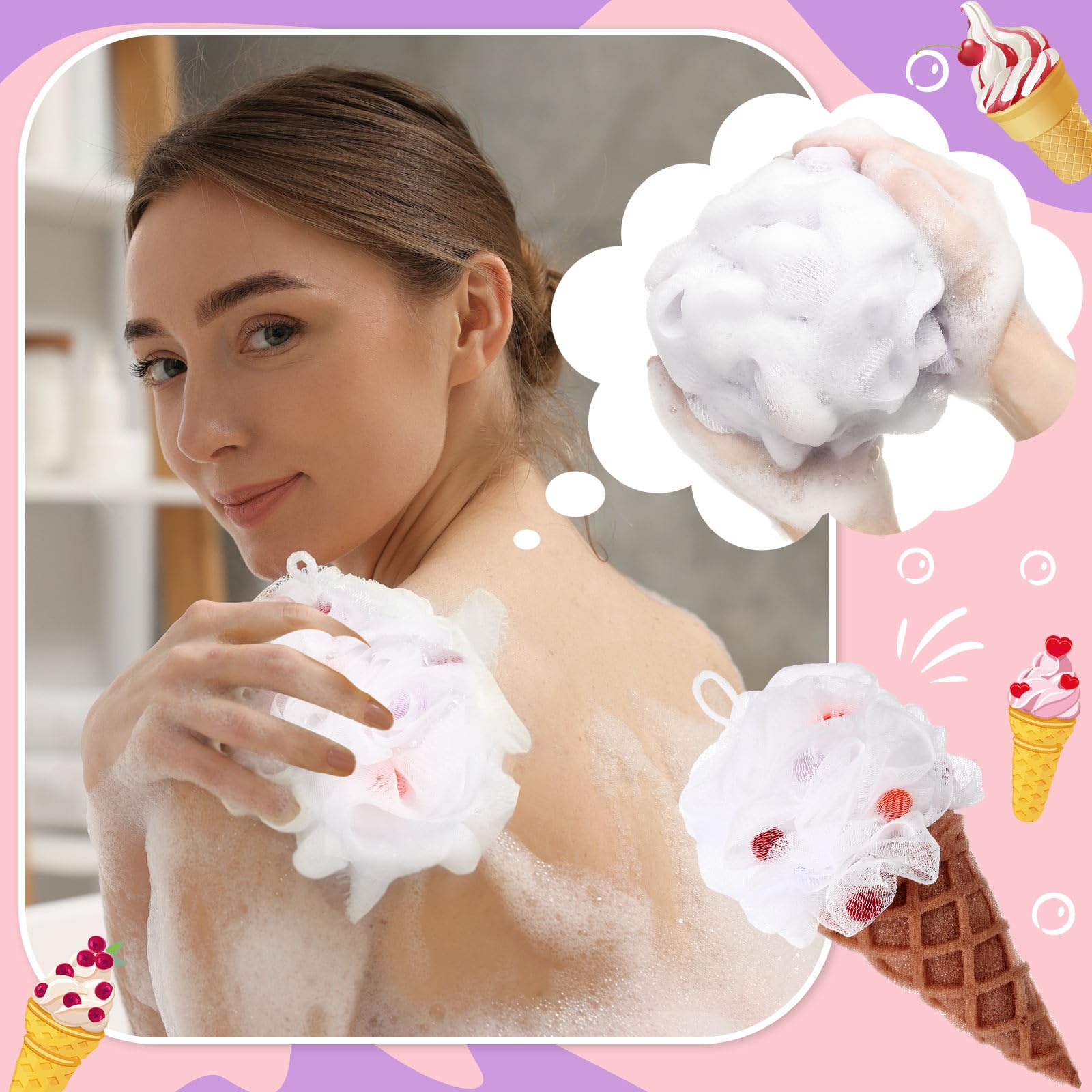 Reallnaive 4 Pcs Ice Cream Bath Loofah Sponge Cartoon Body Scrubber Loofah Soft Mesh Exfoliating Bath Scrubber Shower Ball for Shower Sponge Gifts Exchange Birthday Party