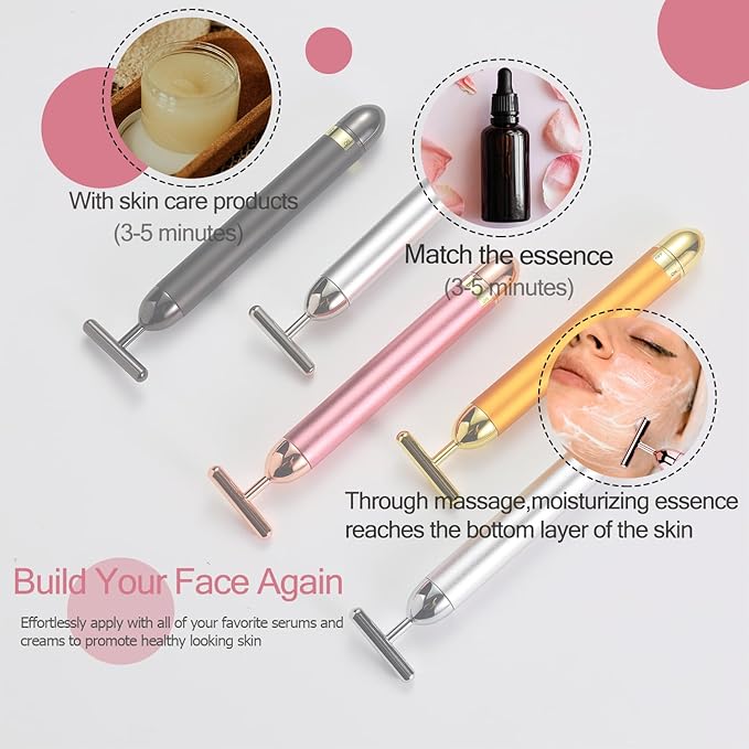 Beauty Bar 24K Gold Facial Massager - Face T Shape Tool for Skin Care Tightening with Ergonomic Design (Silver)