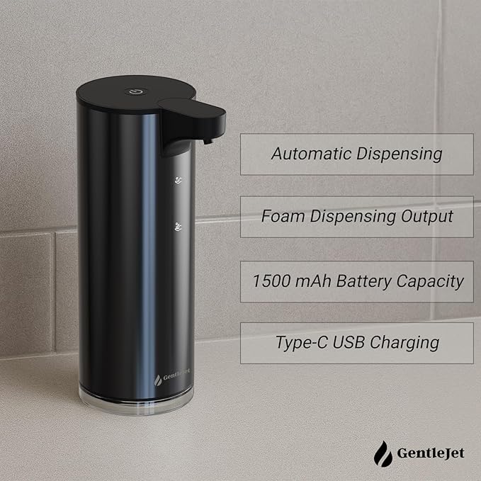 GentleJet EasyFoam Automatic Foaming Soap Dispenser, Touchless USB-C Rechargeable Sensor Pump, 304 Stainless Steel, Adjustable Foam, IPX5 Water-Resistant for Bathroom & Kitchen, 10 fl oz / 300 mL