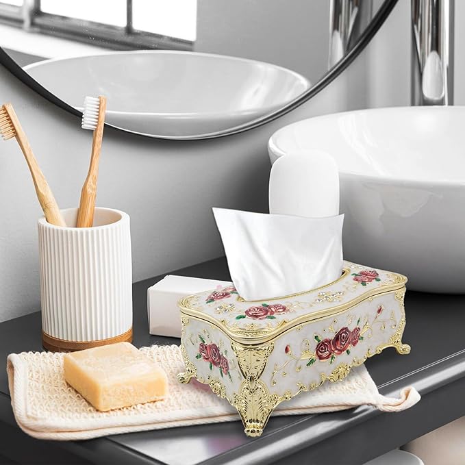 9.45"x5.43"x3.94" Luxurious Rose Tissue Box with Imitation Diamonds, Embossed Flowers, Elegant Tissue Paper Holders for Home Toilet Bath Hotel,Gold-White-red
