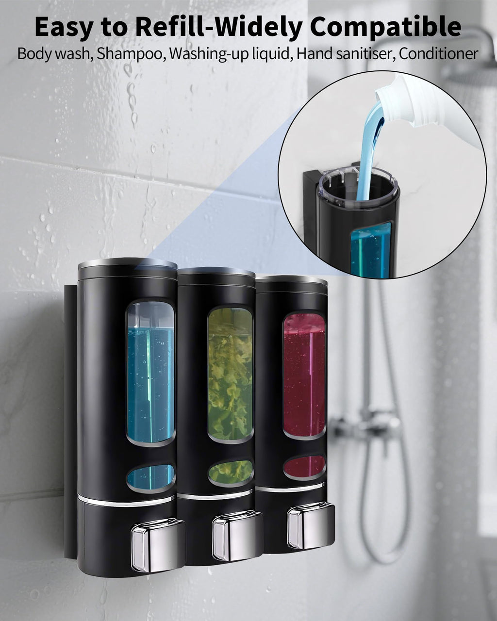 Shampoo and Conditioner Dispenser - 1200ML Wall-Mounted Shower Shampoo Dispenser 3 Chamber No Drill Body Wash Soap Dispenser for Shower, Bathroom, Hotel
