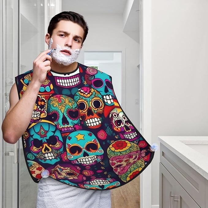 NOUZU Sugar Skulls Print Beard Bib Apron For Men, Beard Hair Catcher For Men Shaving Trimming,Beard Cape Cloth, Black