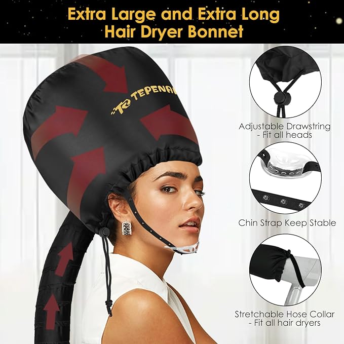 TEPENAR Bonnet Hair Dryer Attachment, Large - Black, Upgraded Soft Adjustable for Hand Held Hair Dryer, Fast Drying, Ideal for Natural Curly Textured Hair Care and Speeds Up Drying Time at Home