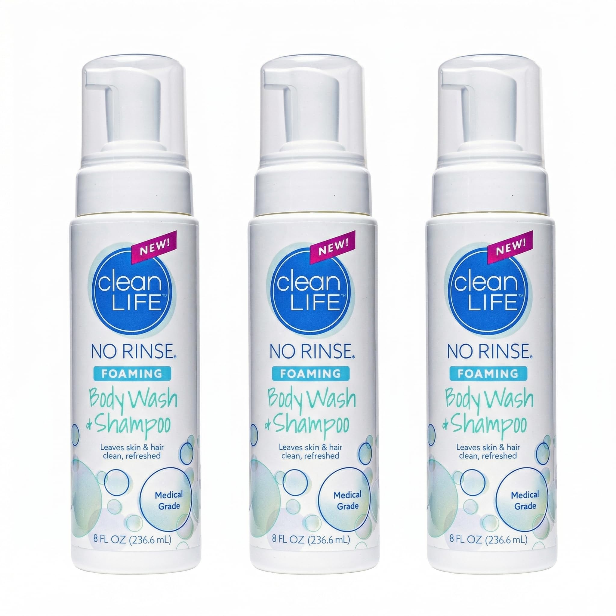 No-Rinse Foaming Body Wash - Waterless Foam Cleanser for Elderly, Adults, Kids, Infants & Caregiver - Rinse Free for Sensitive Skin - Travel Size- Refreshed & Moisturized Skin - 8 fl oz (Pack of 3)