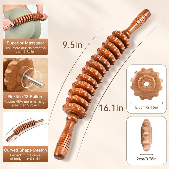 NXCYLW Wood Therapy Massage Tools, Wooden Massage Roller Stick, Lymphatic Drainage Tool, Curved Wood Muscle Massage Roller Used to Relieve Muscle Soreness and Body Shaping