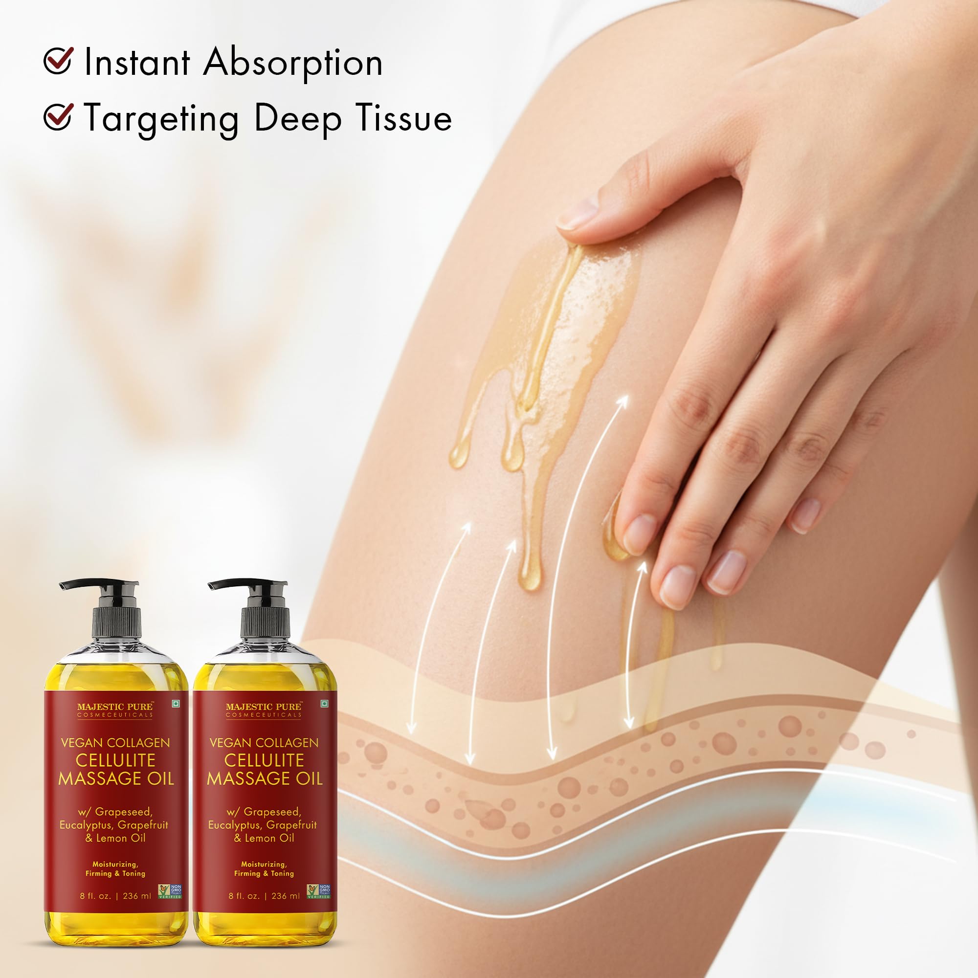 Majestic Pure Cellulite Massage Oil, Toning Body Blend, 8 Fl Oz, 2-Pack