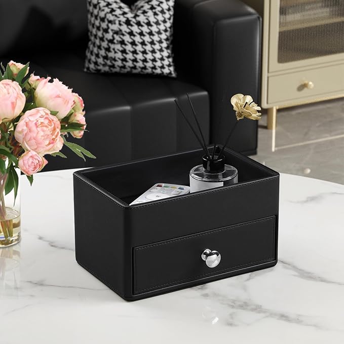 MEIBOOCH PU Leather Desk Organizer with Drawer, Multifunctional Nightstand Organizer, Waterproof Makeup Organizer for Vanity Bathroom Countertop Bedside Table (Black)