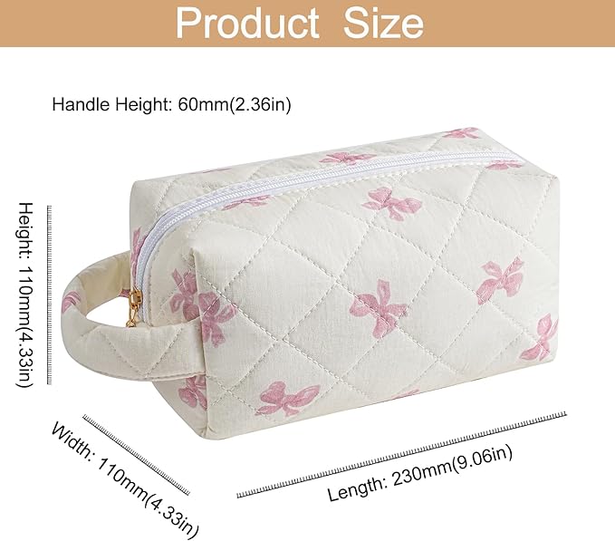 HHQQWZ Makeup Bag Travel Cosmetic Bag for Women, Zipper Make Up Pouch, Floral Flowers Toiletry Organizer Makeup with Handle, Cosmetic Travel Cloth Bag (Pink Bow Tie)