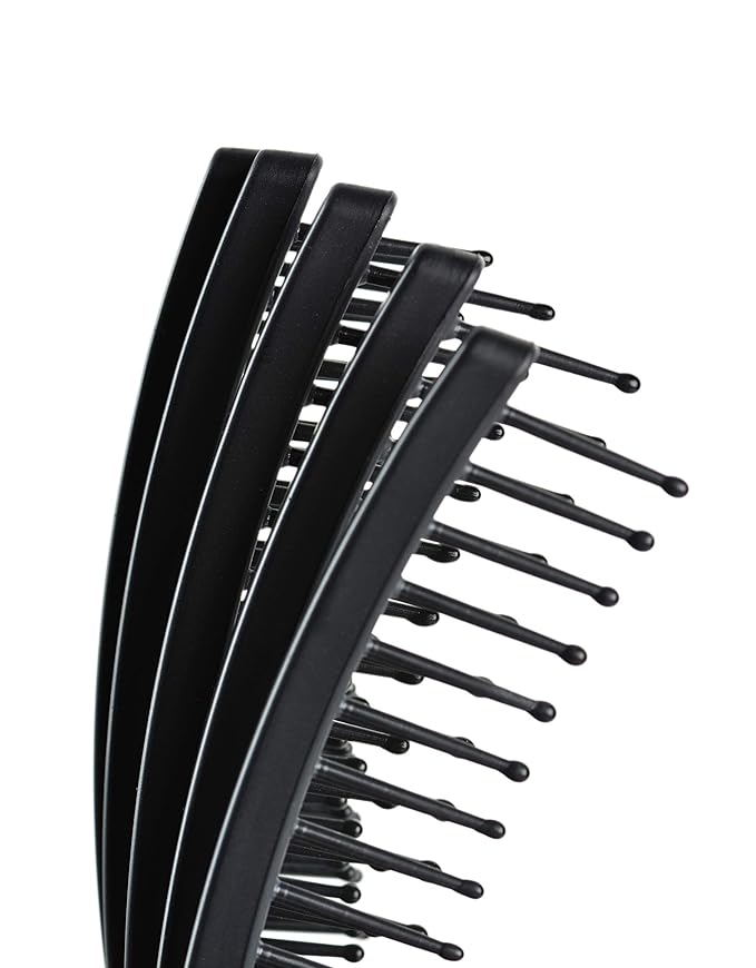 Premium Mini Tangle Buster Brush – Soft Nylon Bristles – Long Ergonomic Durable Rubber Handle – Ideal for Wet and Dry Hair & Easy Grooming, Black Color (7 Fingers)