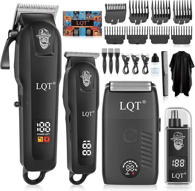 Hair Clippers for Men, 4-Piece Professional Grooming Kit Includes Hair Clipper, LED Power Display,Detail Trimmer and Nose Trimmer, Complete Cordless Set for Home Barber Use (Black)