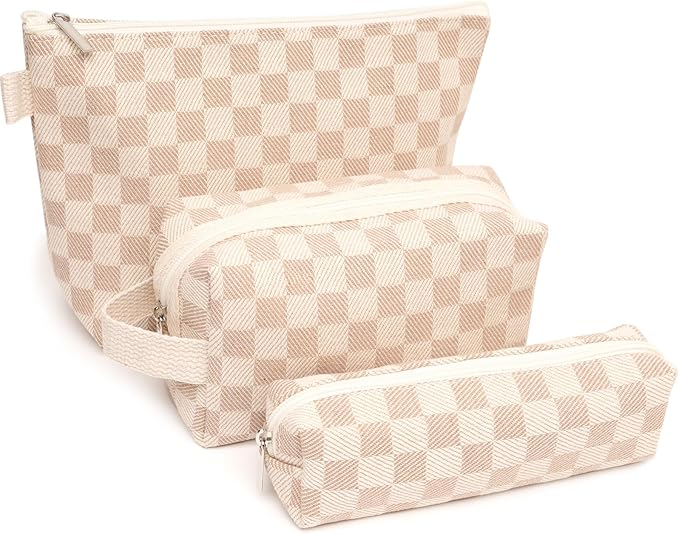 Beayuva 3 Pcs Canvas Makeup Bag Set Checkered Cosmetic Pouch for Women Travel Toiletry Bag Cute Makeup Organizer Purse Pouch Preppy Pencil Case with Zipper (Checkered Khaki)