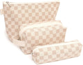 Beayuva 3 Pcs Canvas Makeup Bag Set Checkered Cosmetic Pouch for Women Travel Toiletry Bag Cute Makeup Organizer Purse Pouch Preppy Pencil Case with Zipper (Checkered Khaki)
