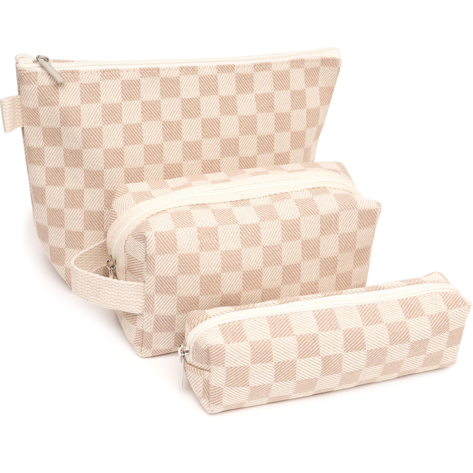 Beayuva 3 Pcs Canvas Makeup Bag Set Checkered Cosmetic Pouch for Women Travel Toiletry Bag Cute Makeup Organizer Purse Pouch Preppy Pencil Case with Zipper (Checkered Khaki)