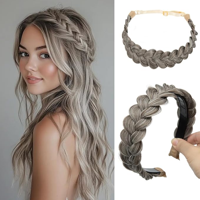 CJL HAIR 2PCs Braided Headbands Hair Piece for Women Synthetic Hair Hoops Head Bands Handmade Braid Hairband Accessories Elastic Stretch Headwrap Ash Grey